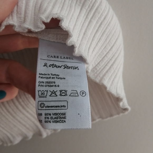 & Other Stories White Ribbed Top Elbow Sleeves Y2K Lettuce Hem 2 - Picture 12 of 16